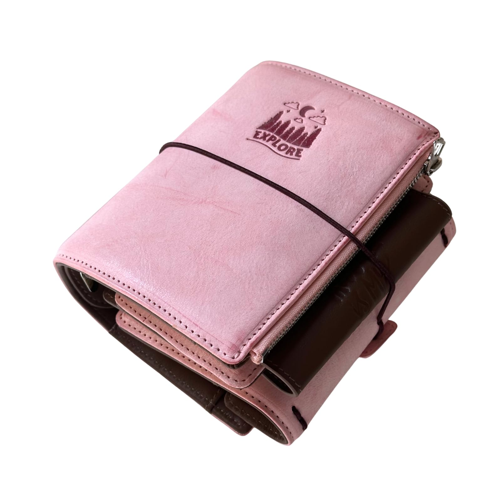 Terminplaner im Taschenformat, A7, echtes italienisches Alaska-Leder, nachfüllbar, Stalogie-Ring-Planer, 3-fach gefalteter Stil mit 25 mm Ringbuch, TN-Passport-kompatibel (rosa Wachs)