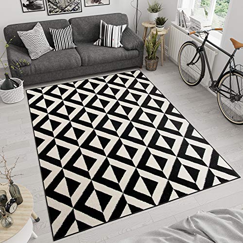 TAPISO Maroko Tapis de Salon Chambre Design Moderne Marocain Noir Blanc Motif 3D Géométrique Poil Court Fin 300 x 400 cm