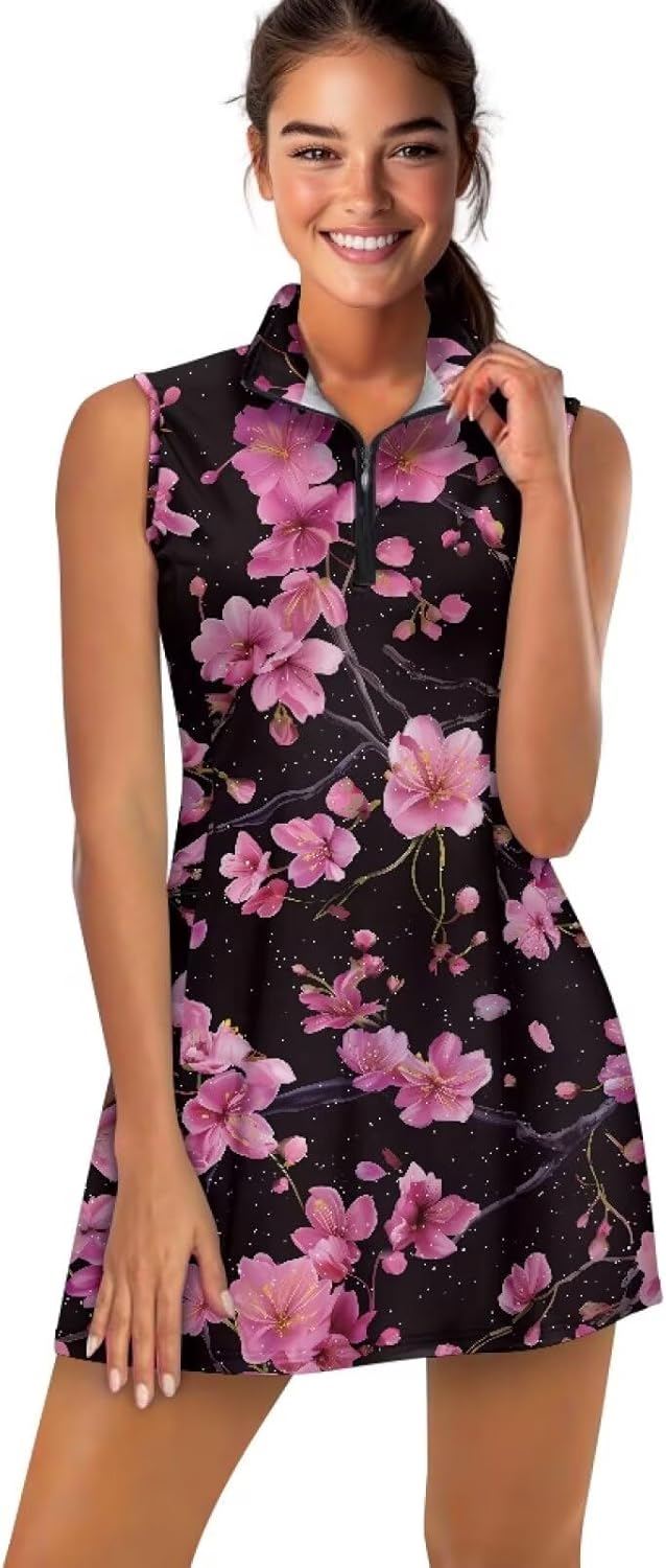 Collared Tennis Dress with Shorts and Pockets Sleeveless Half Zip Athletic Workout Dress for Women Plus Size XS-2XL