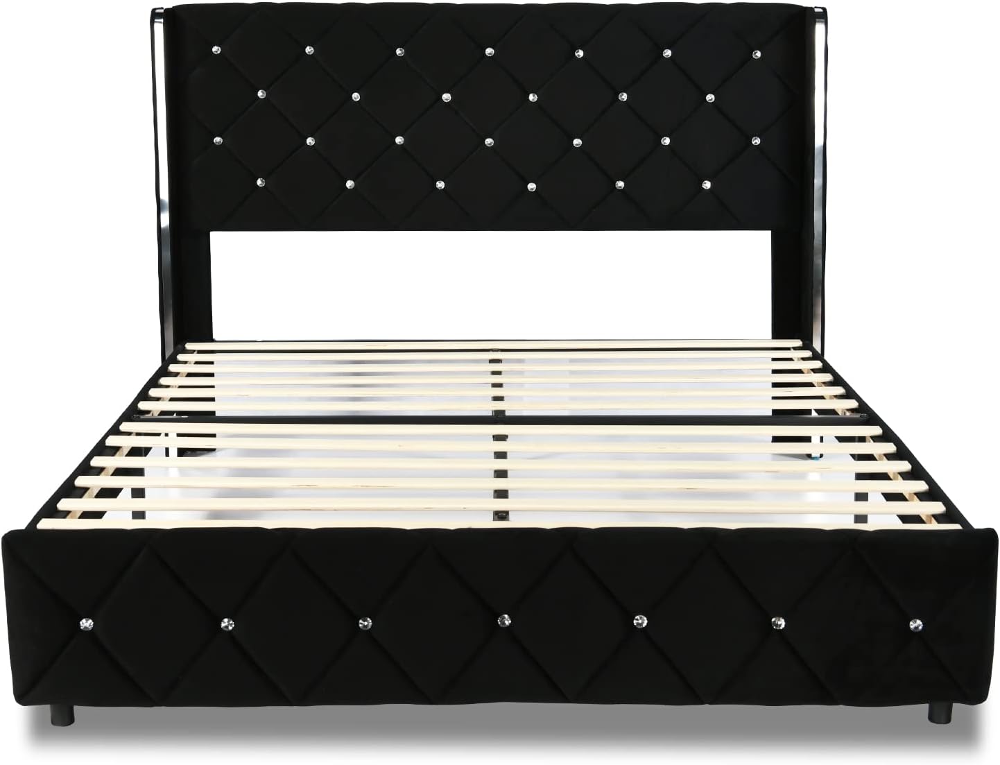 4 EVER WINNER Full Size Bed Frame with Headboard, Upholstered Platform Bed Frame with Black Diamond Velvet Headboard and Wingback, Wood Slats Support, No Box Spring Needed, Noise-Free