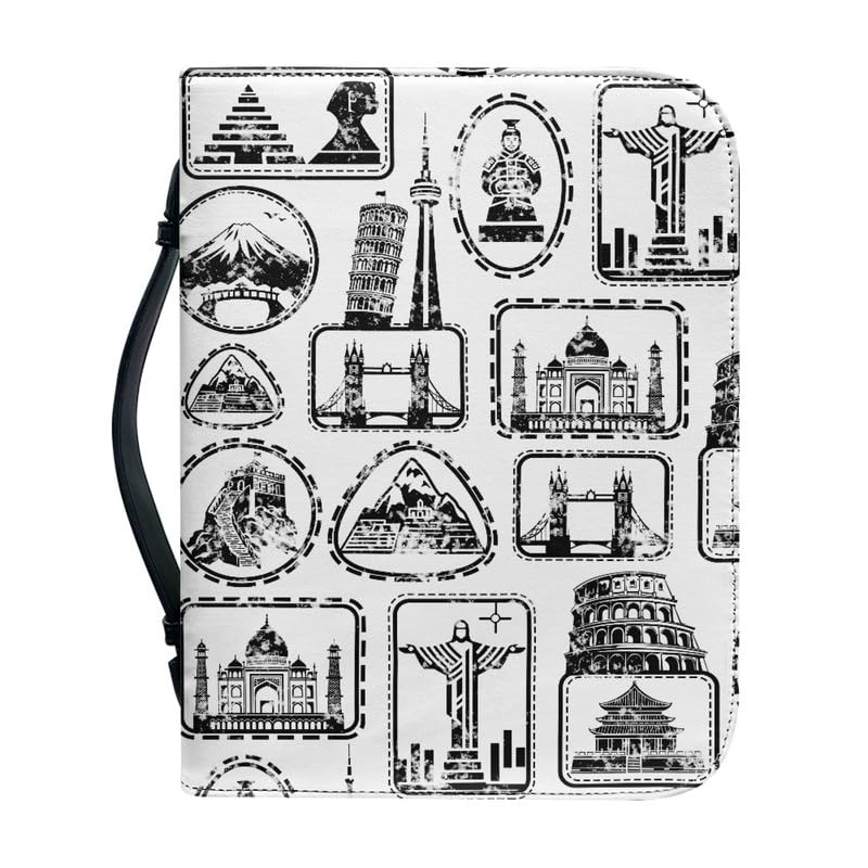 Kuiaobaty Leather Book Cover Bag with Handle, World Landmark Stamps Print Book Case for Travel, Zipper 4 Size Large 2XL, PU Leather,L — image 1