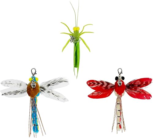 TTcat Juguetes de plumas para gatos, 3 piezas de repuesto de insectos de simulación, libélula saltamontes, juguetes para gatos de repuesto para