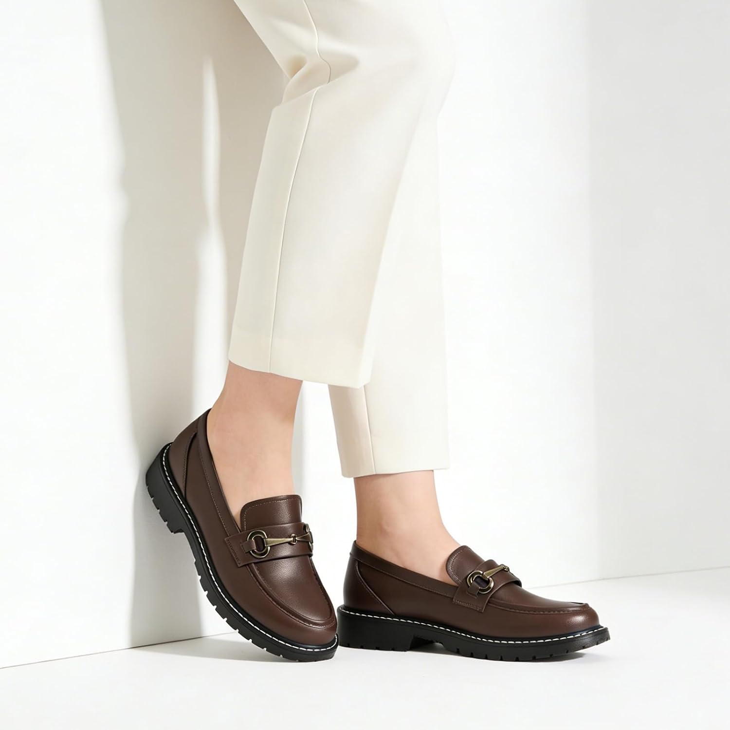 Black Penny Loafers for Women Chunky Comfortable Work Dress Shoes