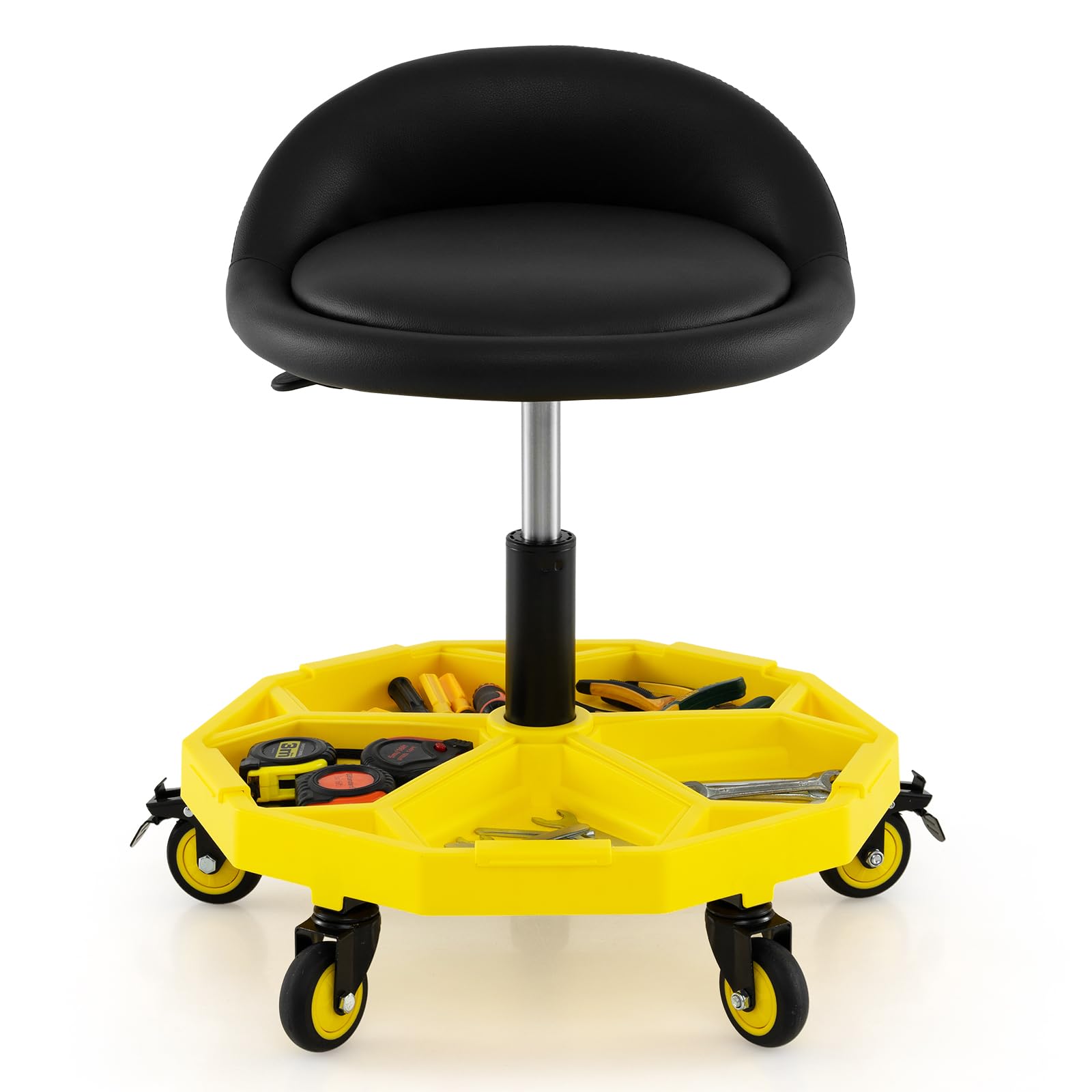 CTR Rolling Mechanic Shop Stool - Adjustable Height, Magnetic Tool Tray, 5 Swivel Casters, 300 Lb Capacity