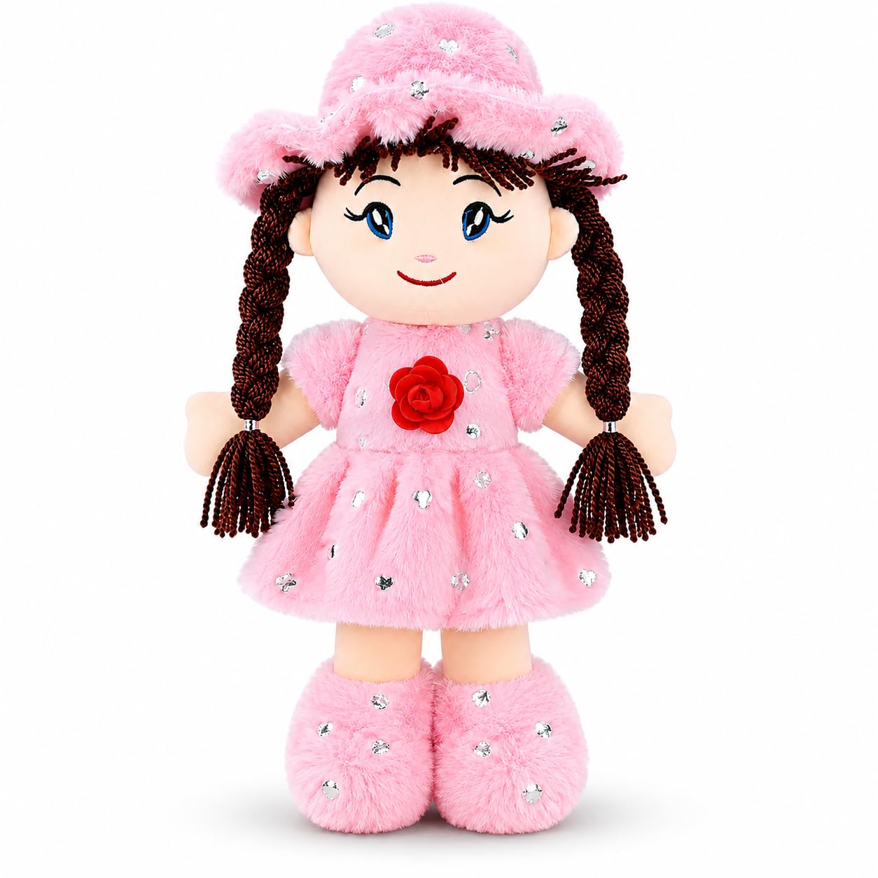 42 CM Soft Hat Doll for Kids | Cute Plush Rag Doll | Stuffed Soft Toy for Girls & Boys | Washable Soft Doll with Braided Hair | Birthday Gift for Girls | Pink Plush Toy New-image-44