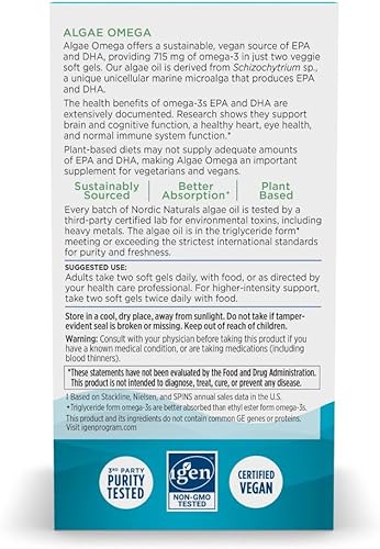 Miniatura 11 de Nordic Naturals Algas Omega - 60 geles blandos - 715 mg de Omega-3 - Aceite de algas vegano certificado - EPA y DHA a base de plantas - Salud