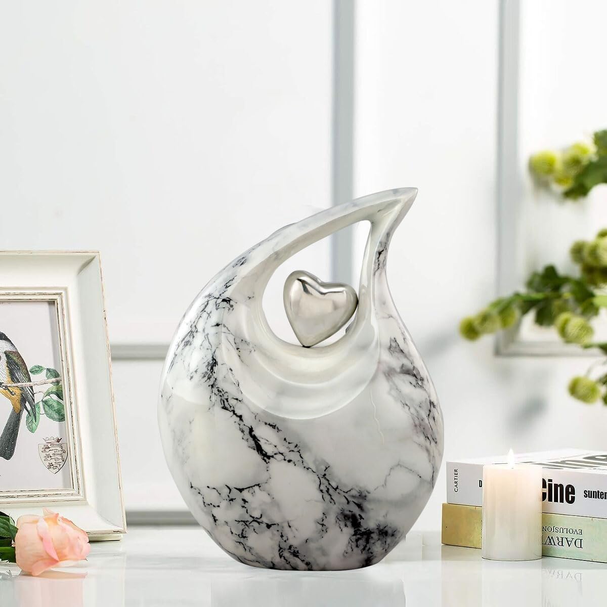 Eternal Tear – Loving Heart Teardrop Cremation Urn for Human Ashes – Solid Metal Adult Memorial Urn Holds Ashes Up to 210 lbs – Unique Drop-Shaped Funeral Urn with Velvet Bag (Carrara White)