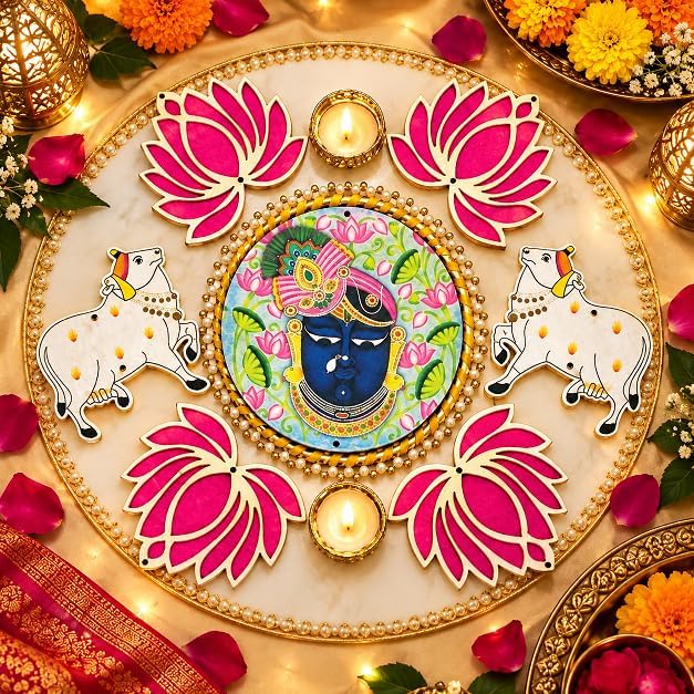 7 Pc Pink Lotus Shrinathji and pichwai Cow Cutouts diyas Rangoli Deepak Diyas Home Temple Decorations for Diwali, Dusshera Wedding Pooja Festival New Year Gift