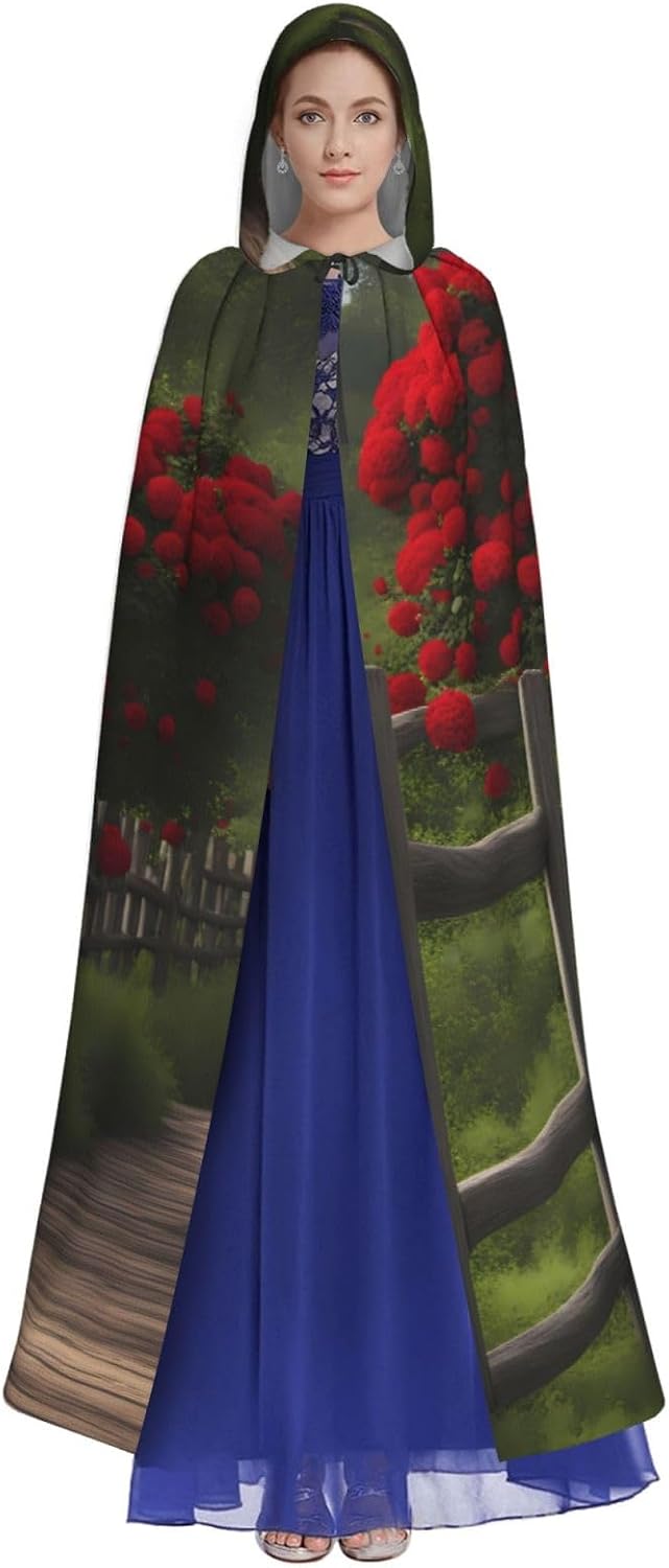 Unisex Full Length Hooded Halloween Christmas Party Robe Cloak Cape Cosplay Costume Men Women Beautiful Fence Prints Black