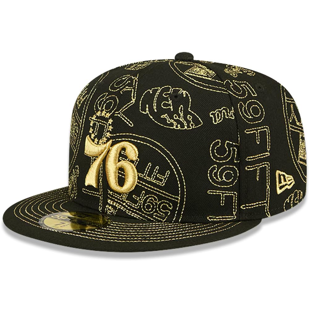 New Era Philadelphia 76ers 59FIFTY Day Allover Fitted Cap, Hat Black Gold