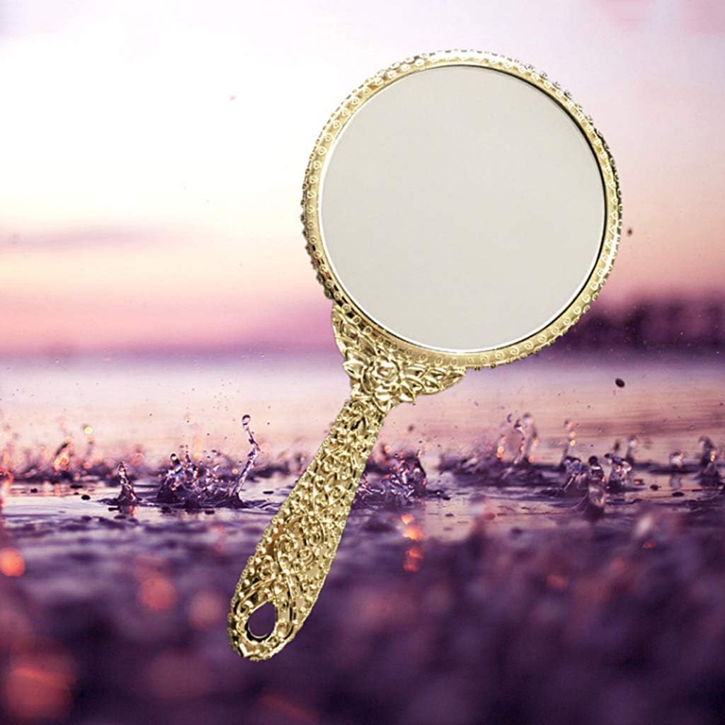 Vintage Compact Decorative Hand Mirror, Round Makeup Floral Mirror Hand Held Mirrors Silver CosmeticMetallic,25x13.5cm