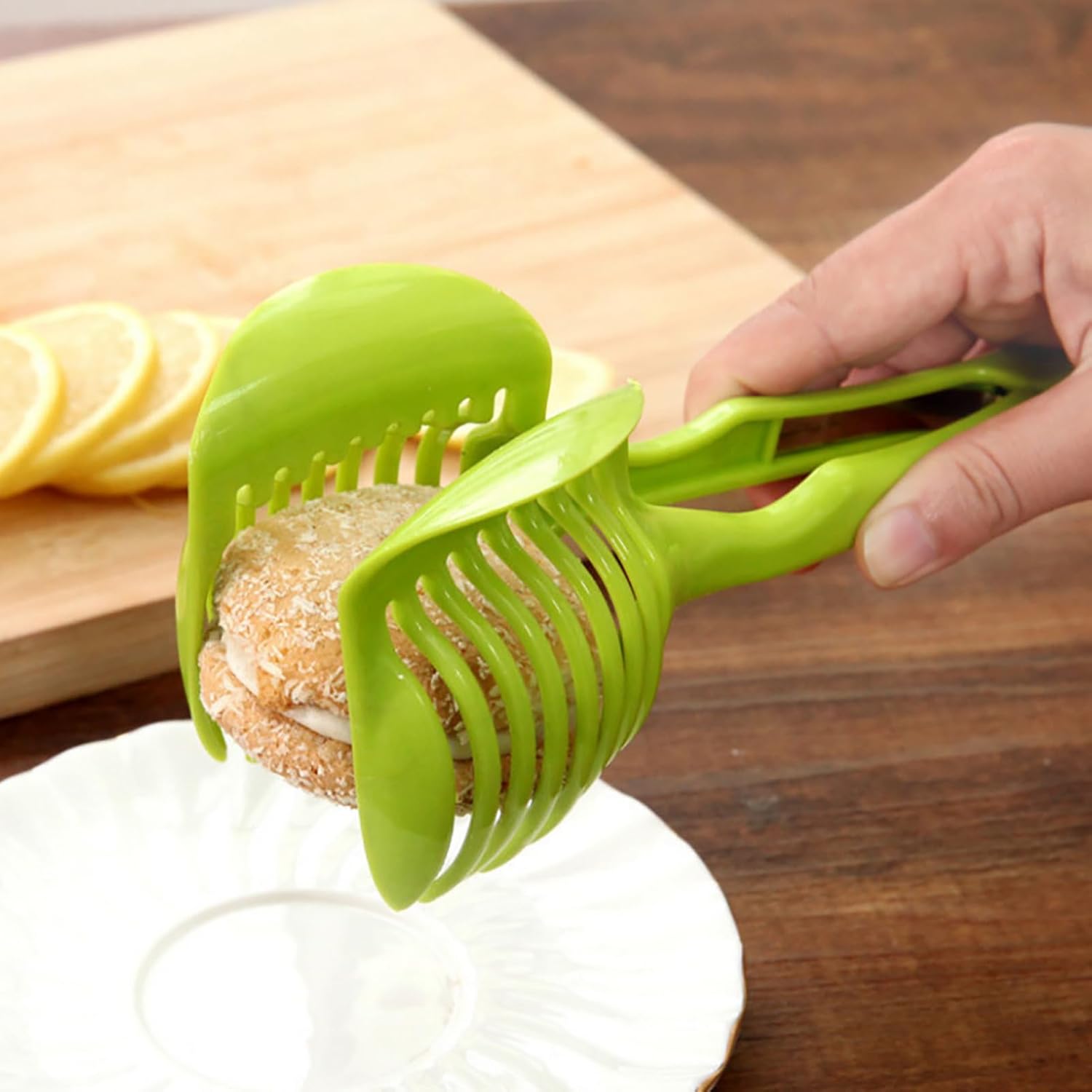Jeanoko Tomato Cutting Holder, handheld slicing tool with PP material and curved handle for even slicing, Kitchen Cutting Aid, for tomatoes, lemons, onions, Standard Color, Compact Size, 1 Unit