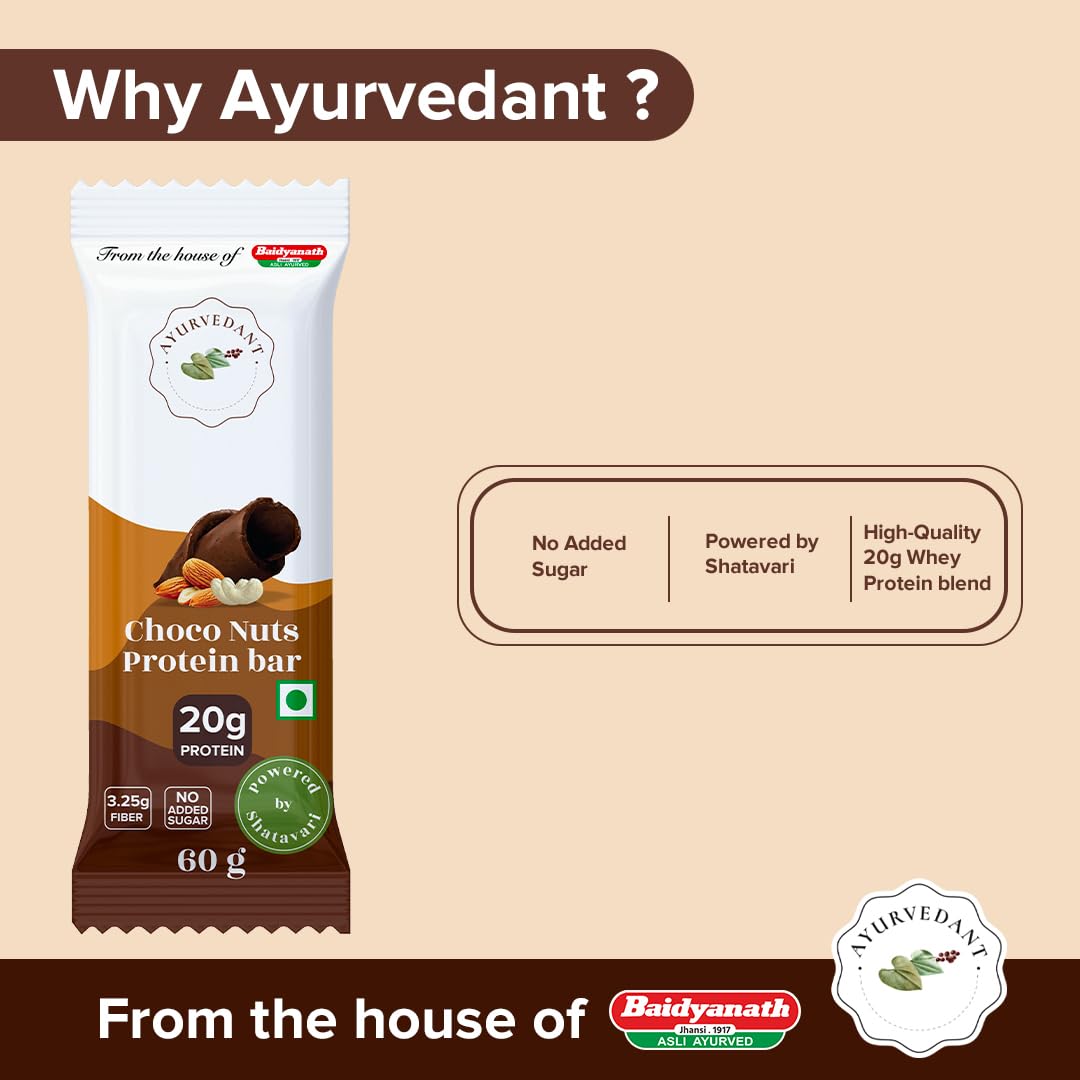 Ayurvedant Choco Nuts Protein Bar, 20g Protein, No Added Sugar, 60g x 6 Pack|From The House Of Baidyanath 2
