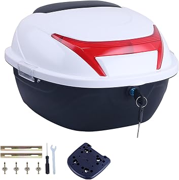 Motorcycle Trunk,Scooter Trunk,Universal Motorcycle Large Trunk, Motorcycle Tail Box,Helmet Top Case Motorbike Luggage Storage Trunk Carrier Mount Rack W/ 2 Keys,White s