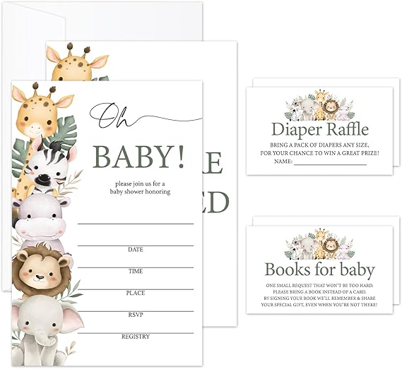 Oh Baby Shower Invitation Cards With Envelopes, Diaper Raffle Tickets & Book Request Cards, Safari Animals Jungle Baby Shower Invitations Gender Neutral For Boys/Set10