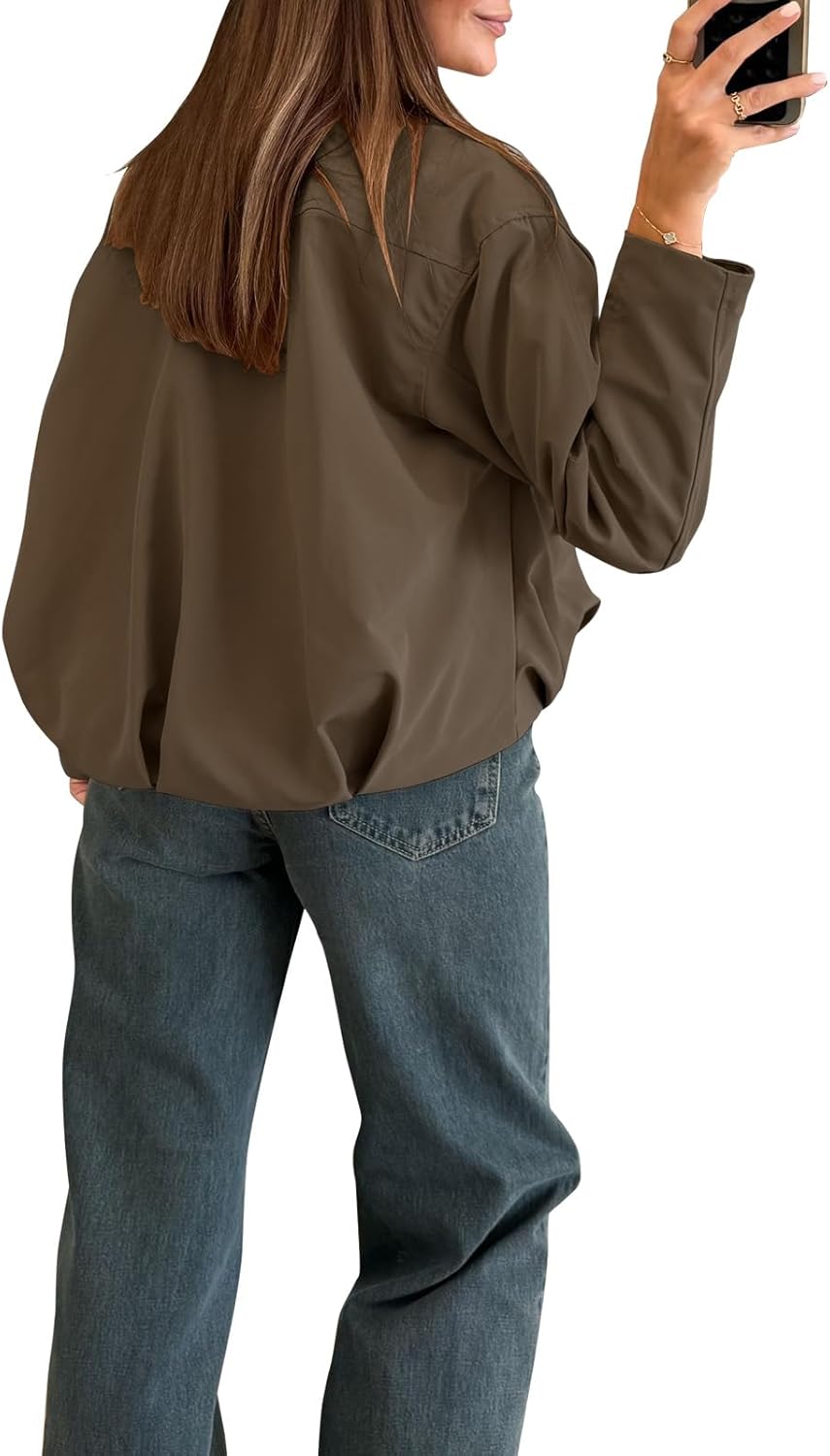 Women's Casual Bomber Jacket Round Neckline Long Sleeve Pockets Gathered Hem Coat - Image 2