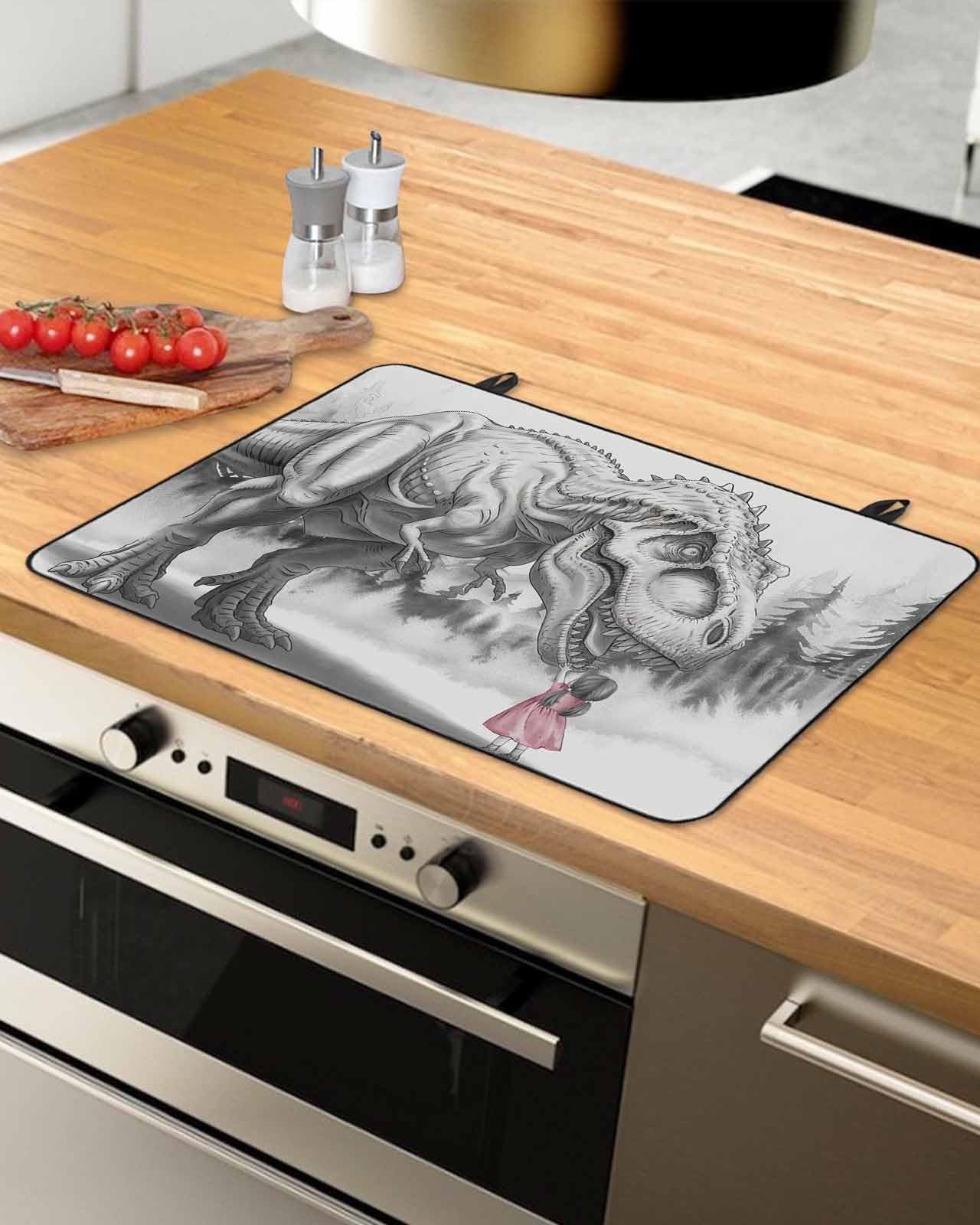 Stove Cover for Electric Stove, Abstract Dinosaur Retro Gray Animal Little Girl Stove Top Cover for Glass Top, Heat Rubber Mat Foldable Cooktop Cover Top Protector, 28.5