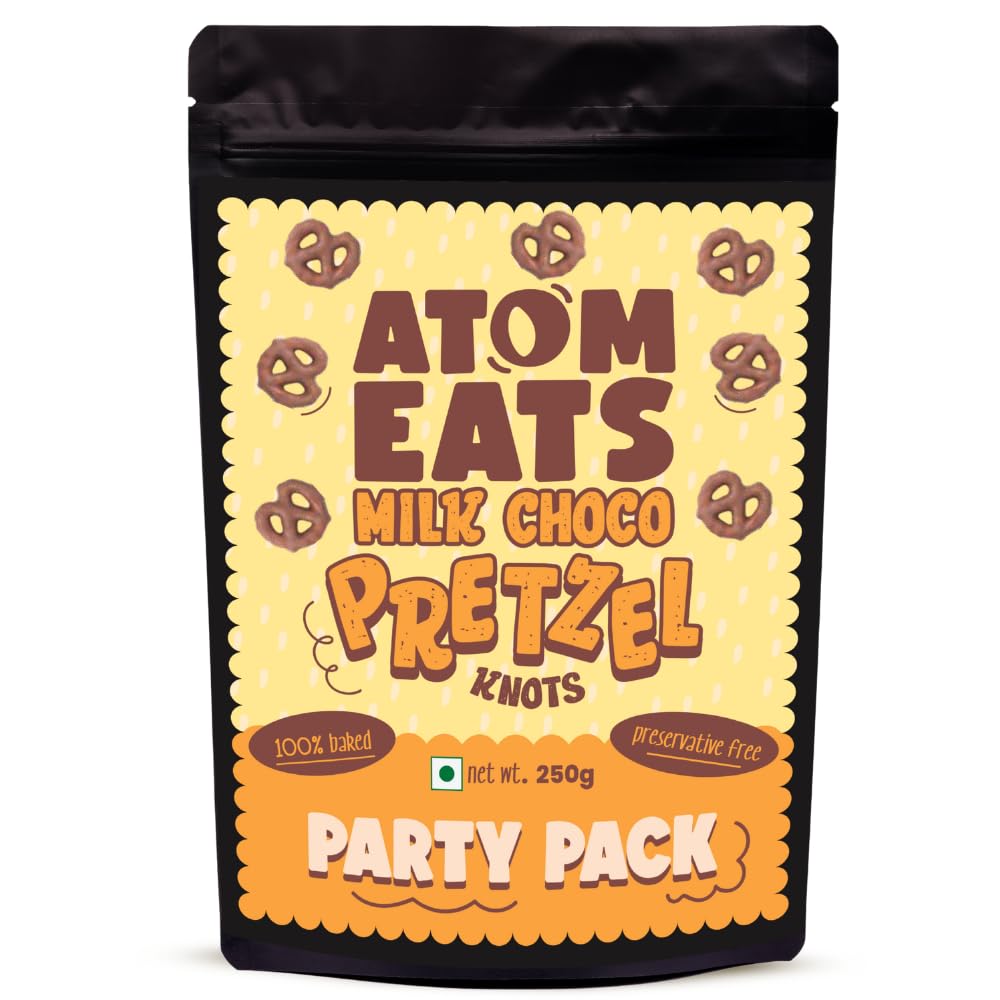 Atom Eats Milk Choco Pretzels Party Pack (250g) | Crunchy Pretzel Knots Dipped in Creamy Milk Chocolate | Sweet & Salty Chocolate Covered Snack | Perfect for Parties, Travel & Gifting | Imported Quality