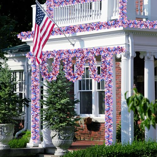 Image of 50FT 4th of July Patriotic Tinsel Garland, Glitter Tinsel Garlands with Flag, Metallic Holiday Hanging Streamers for Memorial Day Independence Day Indoor Outdoor Party Decor