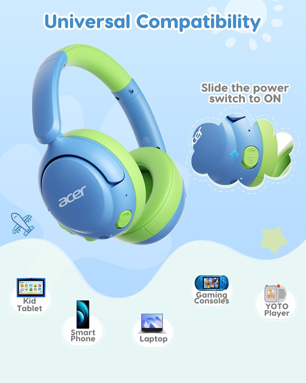 acer Kids Bluetooth Headphones, 85dB Volume Limiter, Foldable Wireless Over-Ear Headphones for iPad, Travel, 75H Playtime, Bluetooth 5.4, Built-in Mic, Blue Green