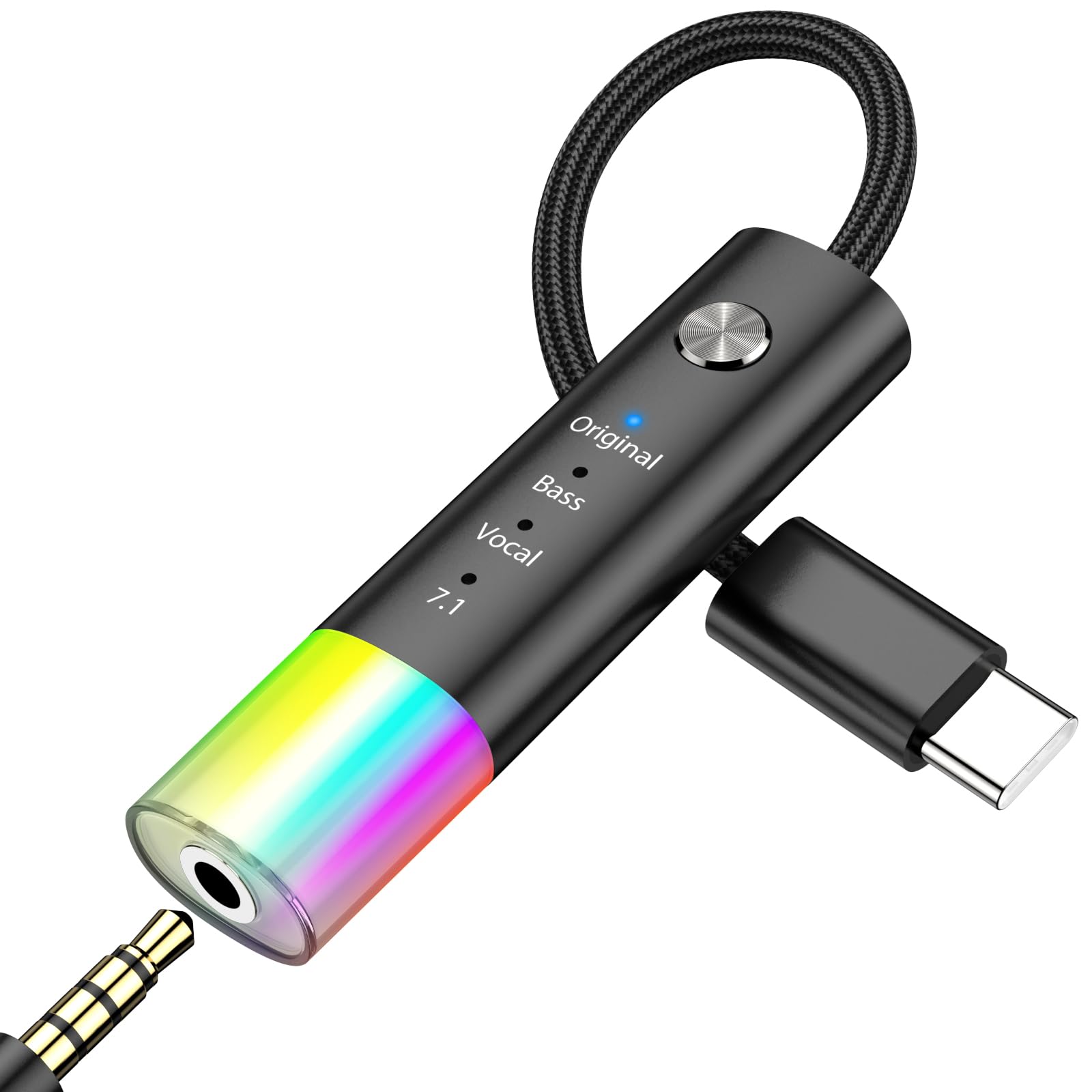3,5-mm-Klinken-Audio-Adapter, USB-C-Kopfhörer-Adapter, Neonlicht, mehrere Modi, HiFi-Bass, klarer Gesang, Surround-Sound, für iPhone 16 Pro Max 15 Plus 16e, Galaxy S25 Ultra S24 S23 S22 S21, Pixel 10