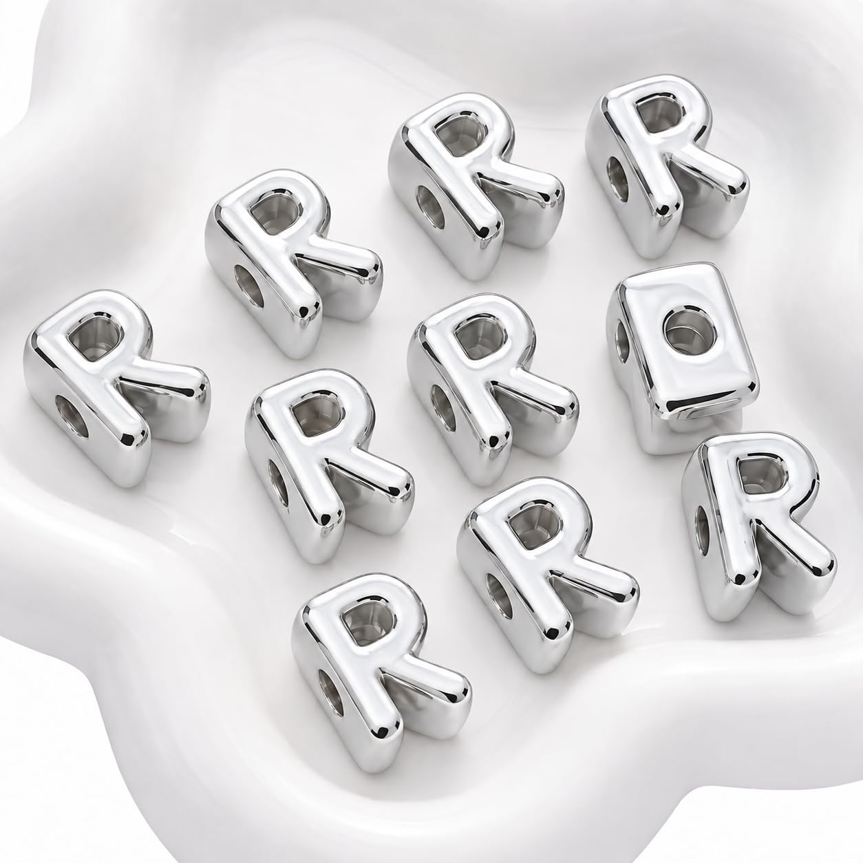 Letter Beads, 10pcs Alphabet Beads, Large Acrylic Letter Beads with 6mm Holes for Bracelet Making, Jewellery, Keyrings and Craft Projects (Silver, Letter R)