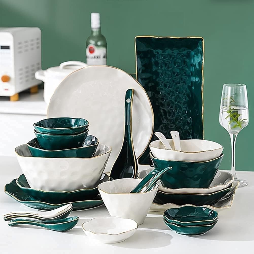 Zestaw zastawy stołowej z talerzami， miskami i talerzami， zielono-biały ceramiczny zestaw obiadowy ze złotem na imprezę lub wesele， 46-częściowy zestaw，