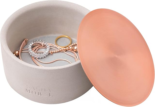 Sasha Morel Round Concrete Jewellery Storage Organiser Case Bowl Trinket Pot with Copper Metal Lid for Small Accessories - Earings Necklace Rings (Single)