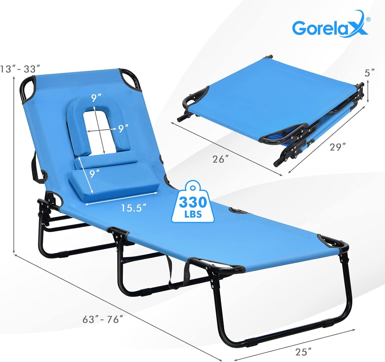 Giantex Chaise Folding Chair Adjustable Beach Patio Lounge Recliner, Blue