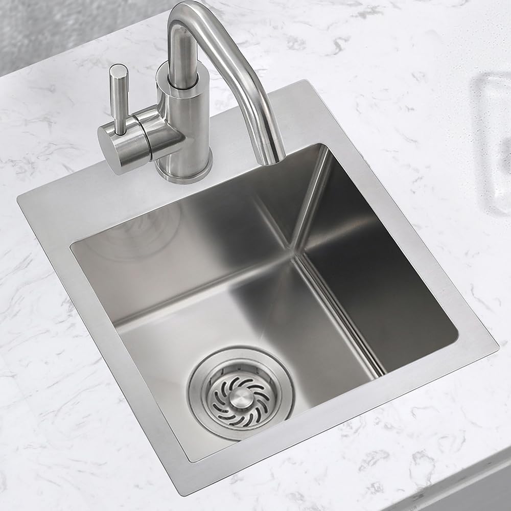 13 Drop In Kitchen Bar Sink Stainless Steel, ZDHHT 13 x 15 x 8 Inches 18 Gauge 304 Stainless Steel Handmade Small Kitchen Sink Topmount RV Outdoor Sink Bar Prep