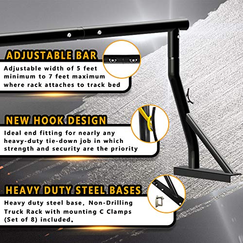 800lbs Capacity Truck Rack with (8) Non-Drilling C-Clamps Heavy Duty Extendable Universal Pickup Ladder Rack Two-bar Set Matte Black One Pair