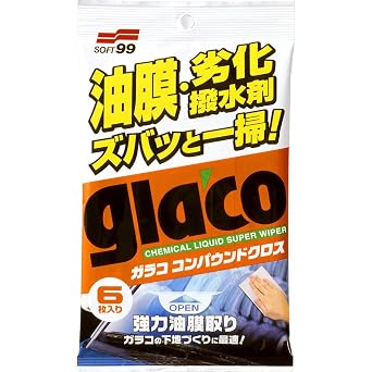 SOFT99 Glaco Compound Sheet Abrasive Cleaning Wipes for Car Windshields & Windows Removes Traffic Film, Water Spots & Old Coatings Surface Prep for Coatings 6 Sheets