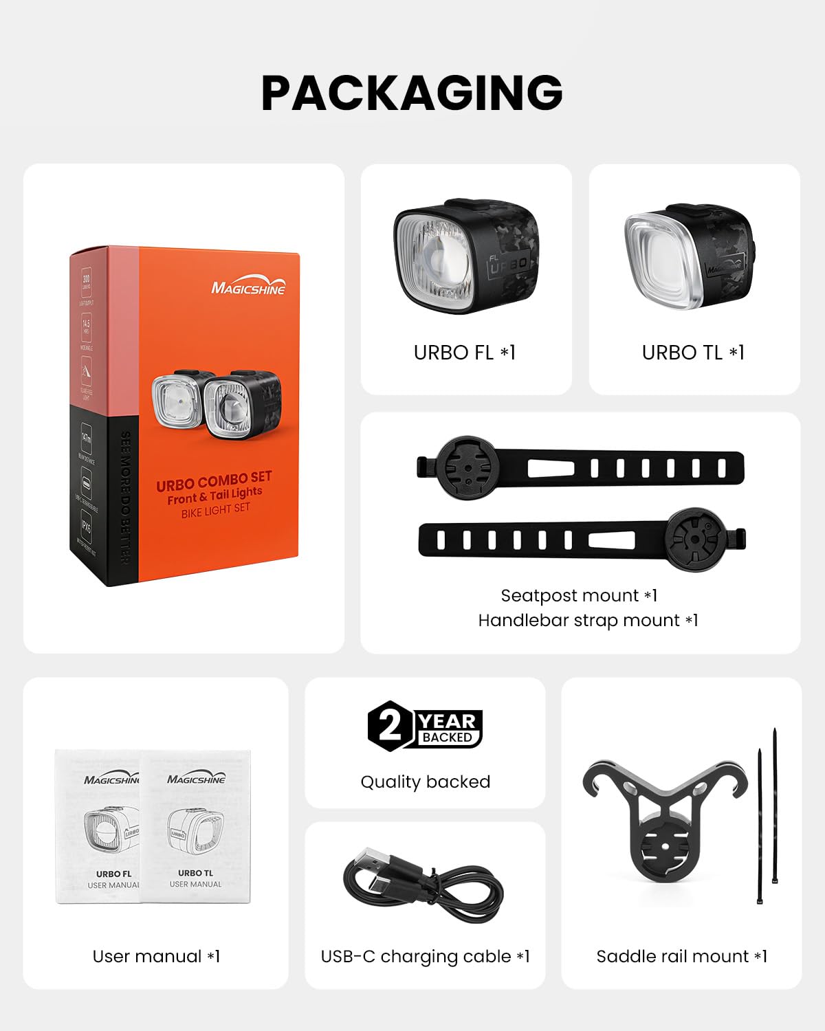 Ensemble d'éclairage vélo Magicshine URBO COMBO,feu arrière avec capteur de freinage et phare avant à coupure nette. Accessoires vélo ultralégers et étanches, idéaux pour les trajets urbains nocturnes | Phare de freinage, feu arrière, ultra léger, marche/
