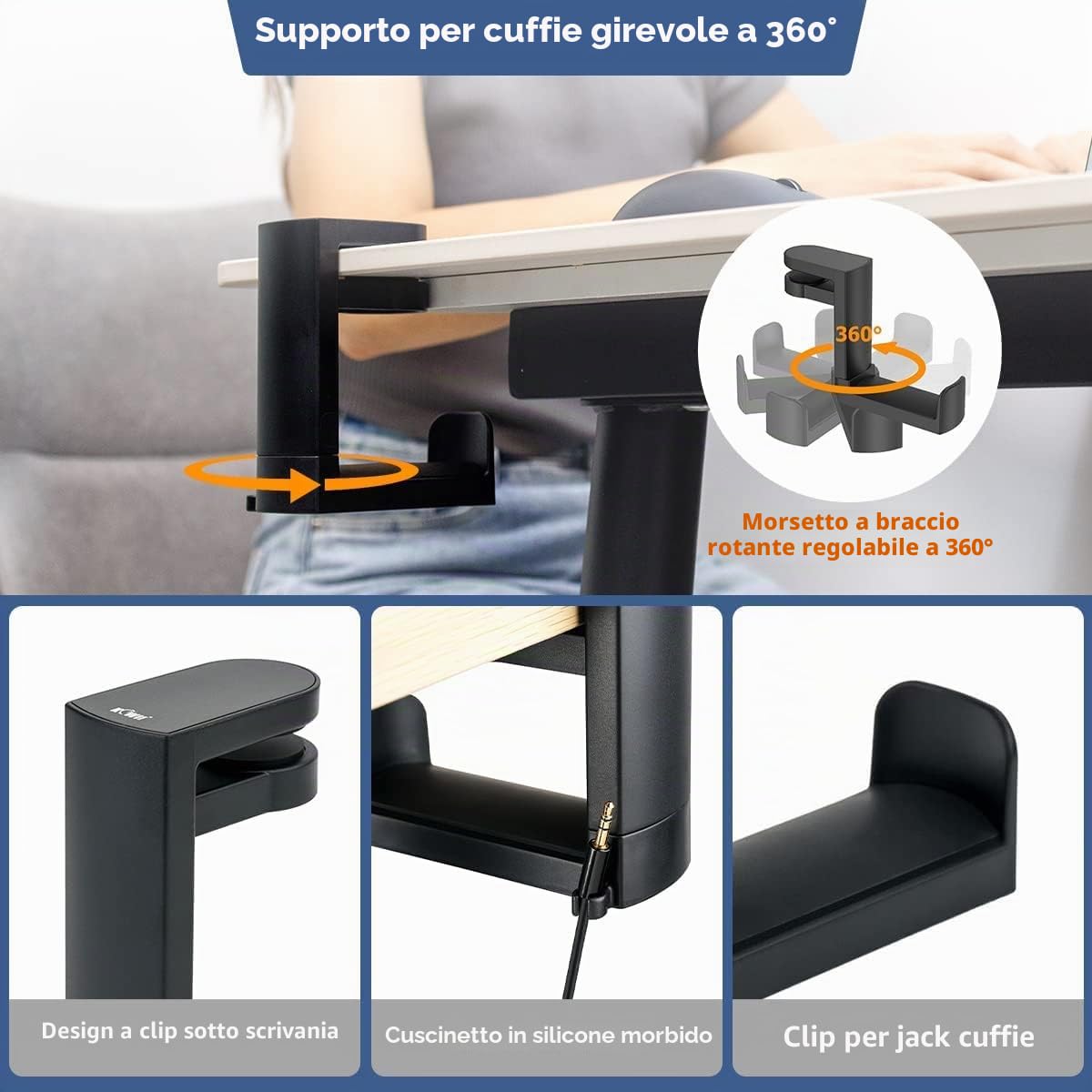 KIWIFOTOS Supporto per cuffie con gancio girevole a 360° + clip per cavo, supporto per cuffie da gioco sotto la scrivania per Sony, Beats, Sennheiser, HyperX