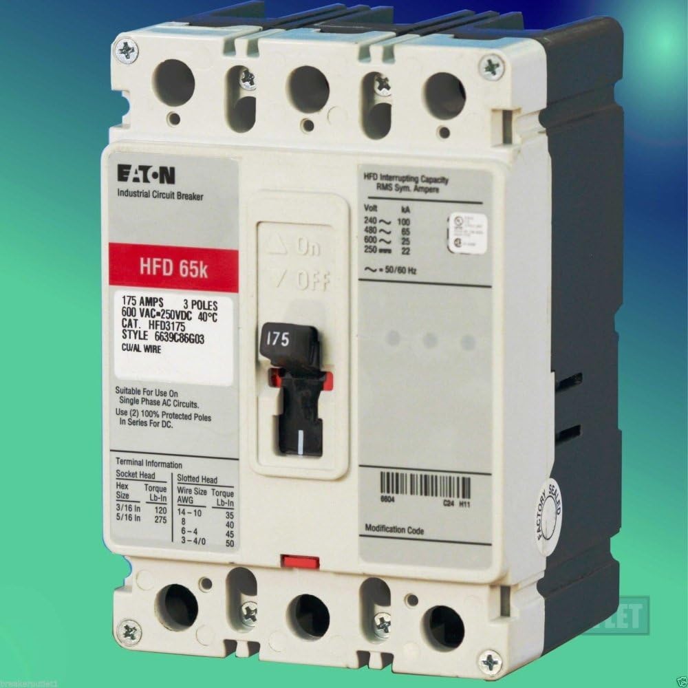 New Cutler-Hammer Eaton HFD3175 Circuit Breaker 3 Pole 175A 600V HFD Frame 65kA - - 