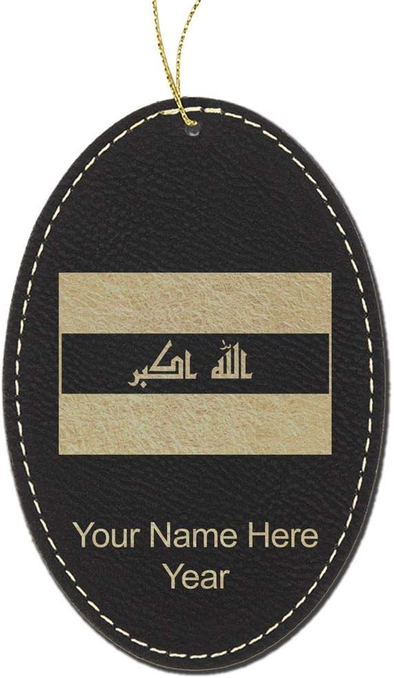 LaserGram Personalized Christmas Ornament, Flag of Iraq, Faux Leather, Custom Laser Engraved Gift Idea (Oval Shape, Dark Blue)