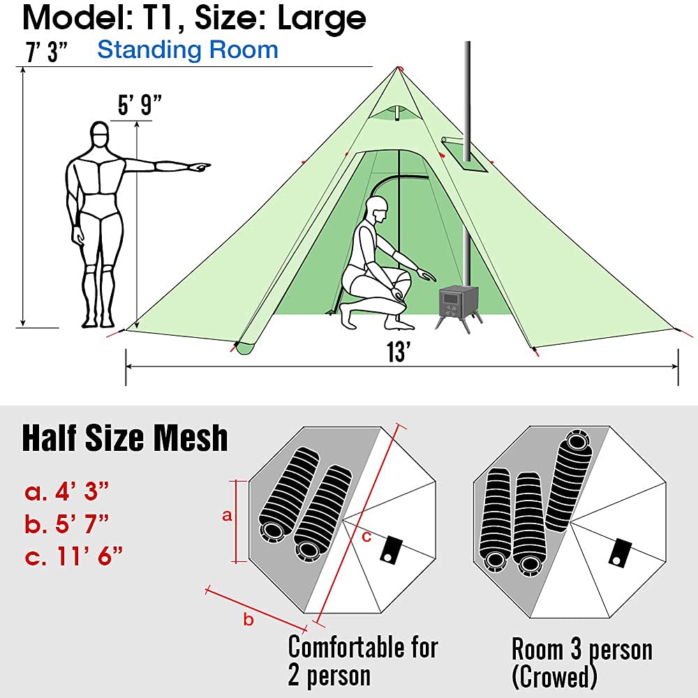 Namiot Tipi dla 4 osób, lekki (2,3 kg) z otworem na piecyk, wysokość 220 cm, namiot tipi do polowań, biwaków rodzinnych, wypraw zespołowych, kempingu i wędrówek