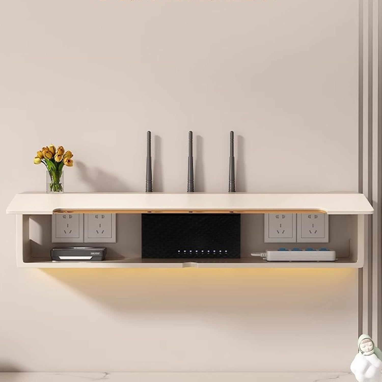 White Wireless WiFi Router Shelf - Wall-Mounted Storage Box for Modems & Cables - 60cm (23.6in) Organizer for Home & Office - Stylish Router Cabinet