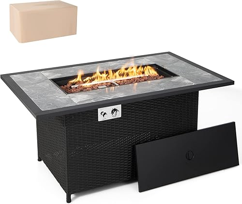 COSTWAY Mesa de fuego de propano para patio de 52 pulgadas, mesa de fuego para exteriores de 50,000 BTU, encendido por pulso, mesa de mármol y ratán