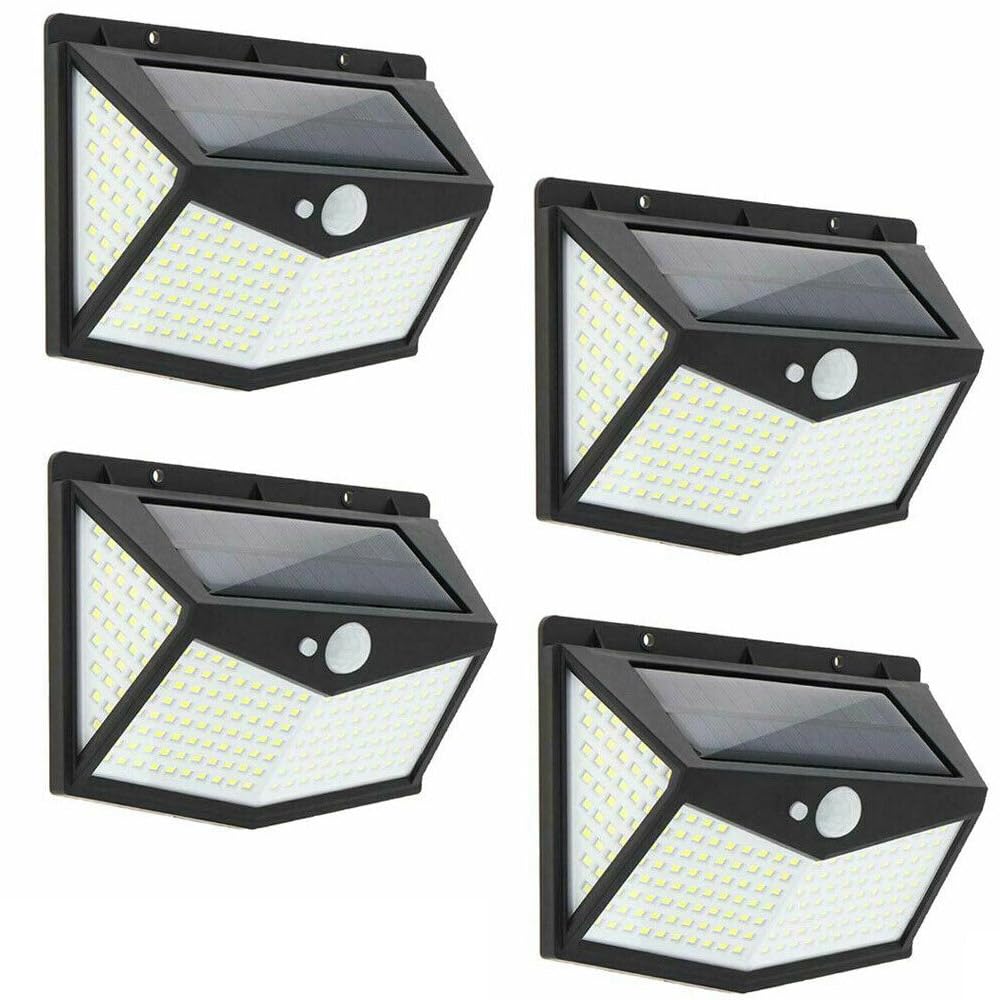 Kit 4 Pezzi Faro Faretto Solare 212 Led Pannello Con Sensore Movimento Crepuscolare Luce Bianca Fredda 6500K Lampada Da Parete Ambiente Esterno Bancole Giardino Vialetto