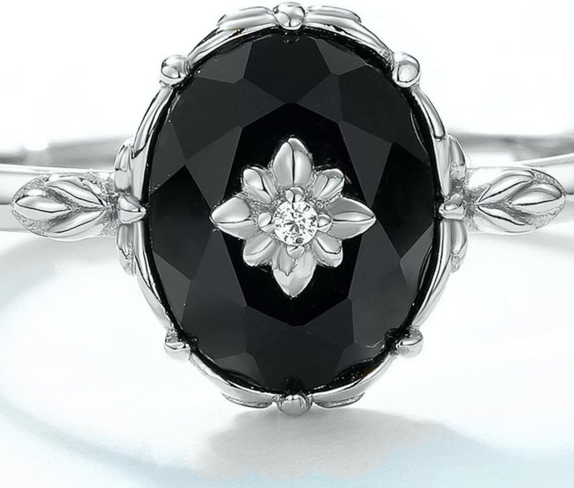 Elammo Vintage Natural Black Onyx 925 Sterling Silver Ring for Women - Image 2