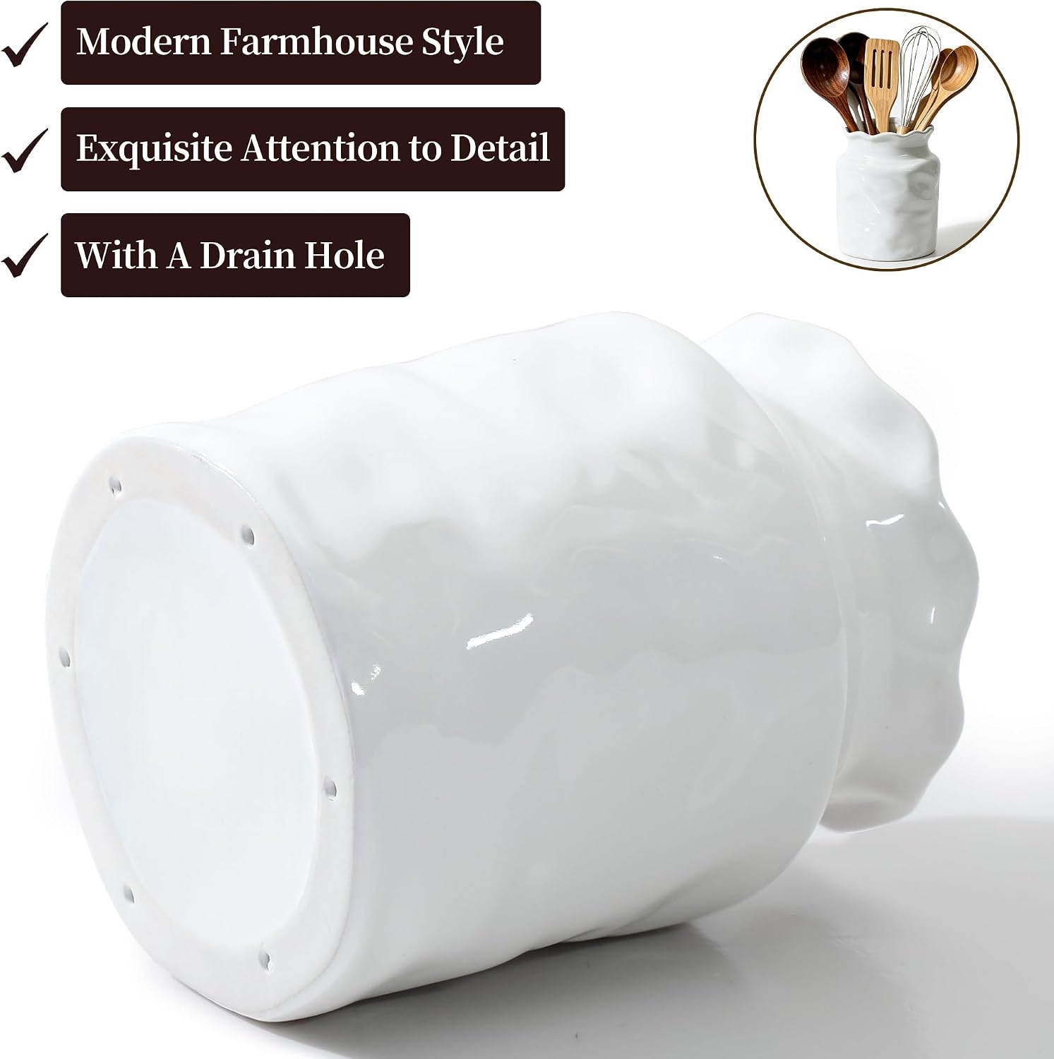 ceramic utensil holder for kitchen counter (White)