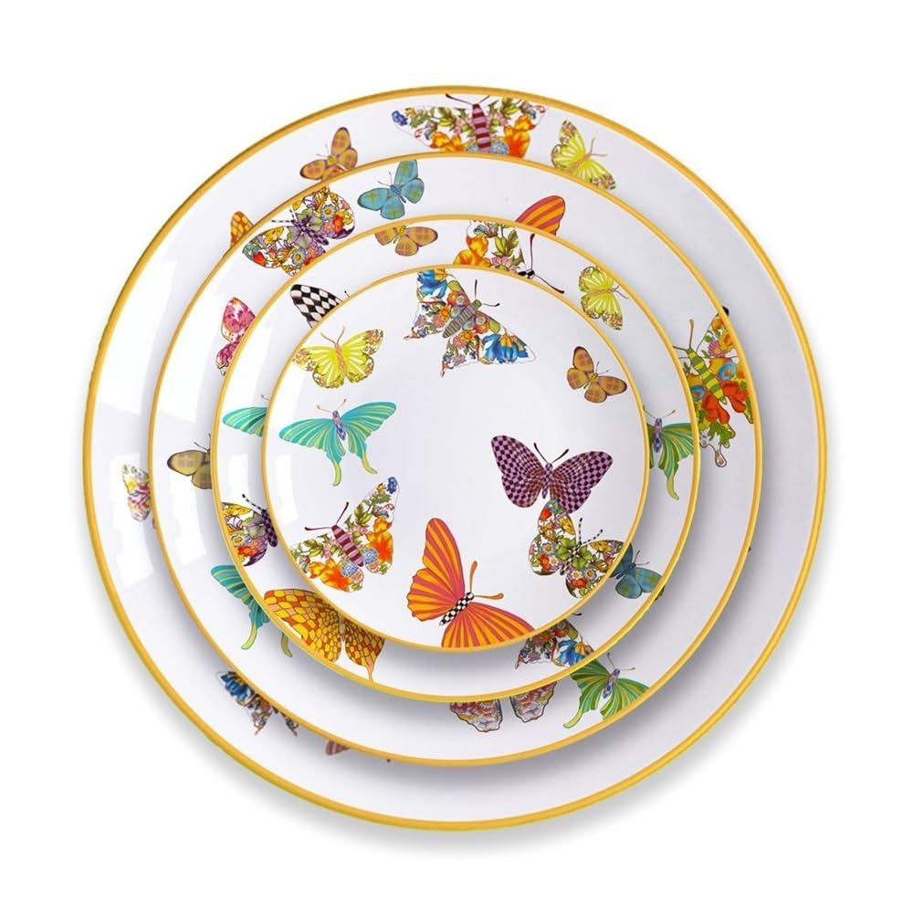 Talerze obiadowe, Boże Narodzenie, zastawa stołowa, miski i talerze, porcelana kostna, talerze obiadowe, miski i talerze, zestaw 4 płaskich talerzy motylkowych, ze złotymi wykończeniami, talerze