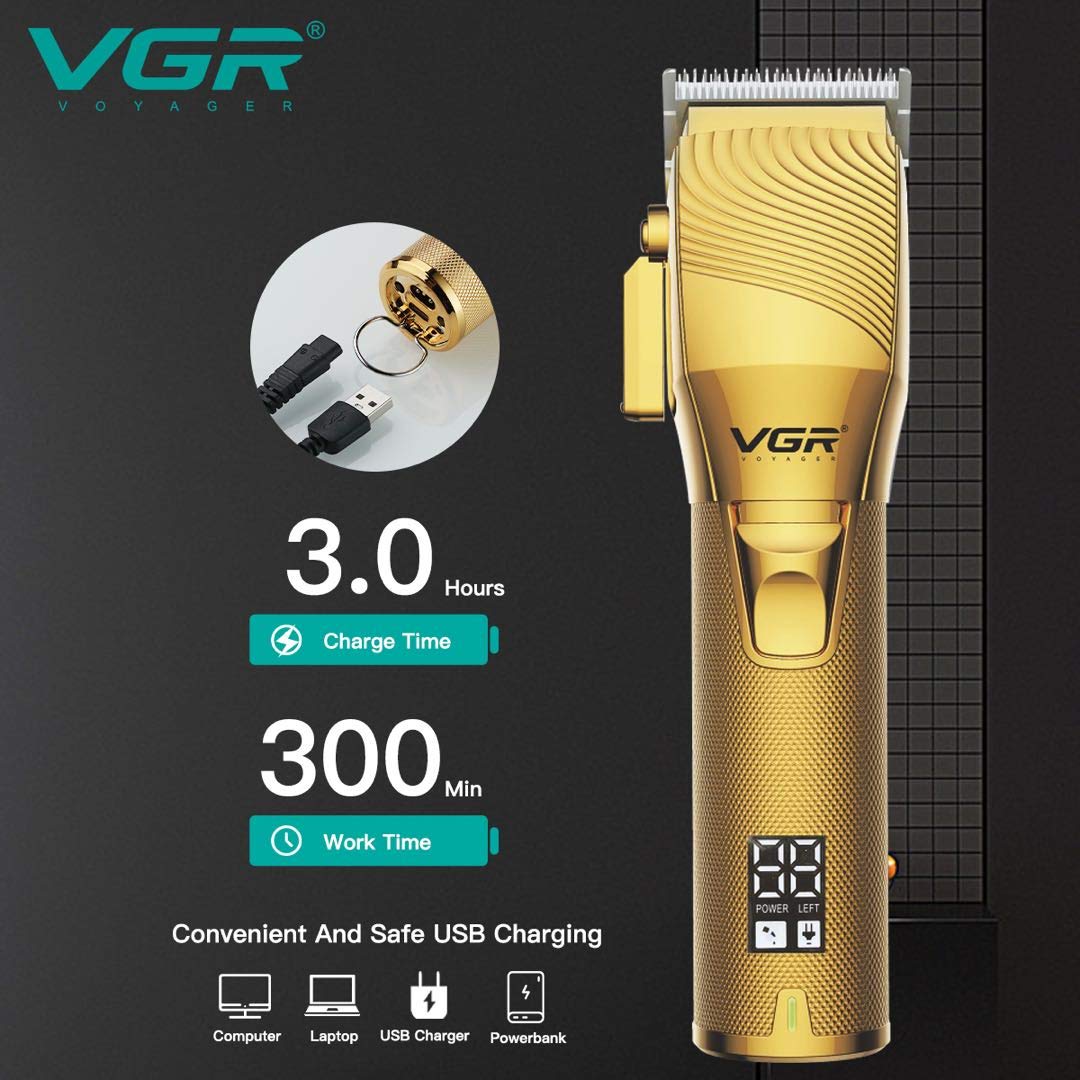 VGR V-280 Barberology- Professional Hair Clippers- 6 Guard Combs- LED Display- Beard Edger- Cordless- USB Charging (Gold) : Amazon.in: Beauty