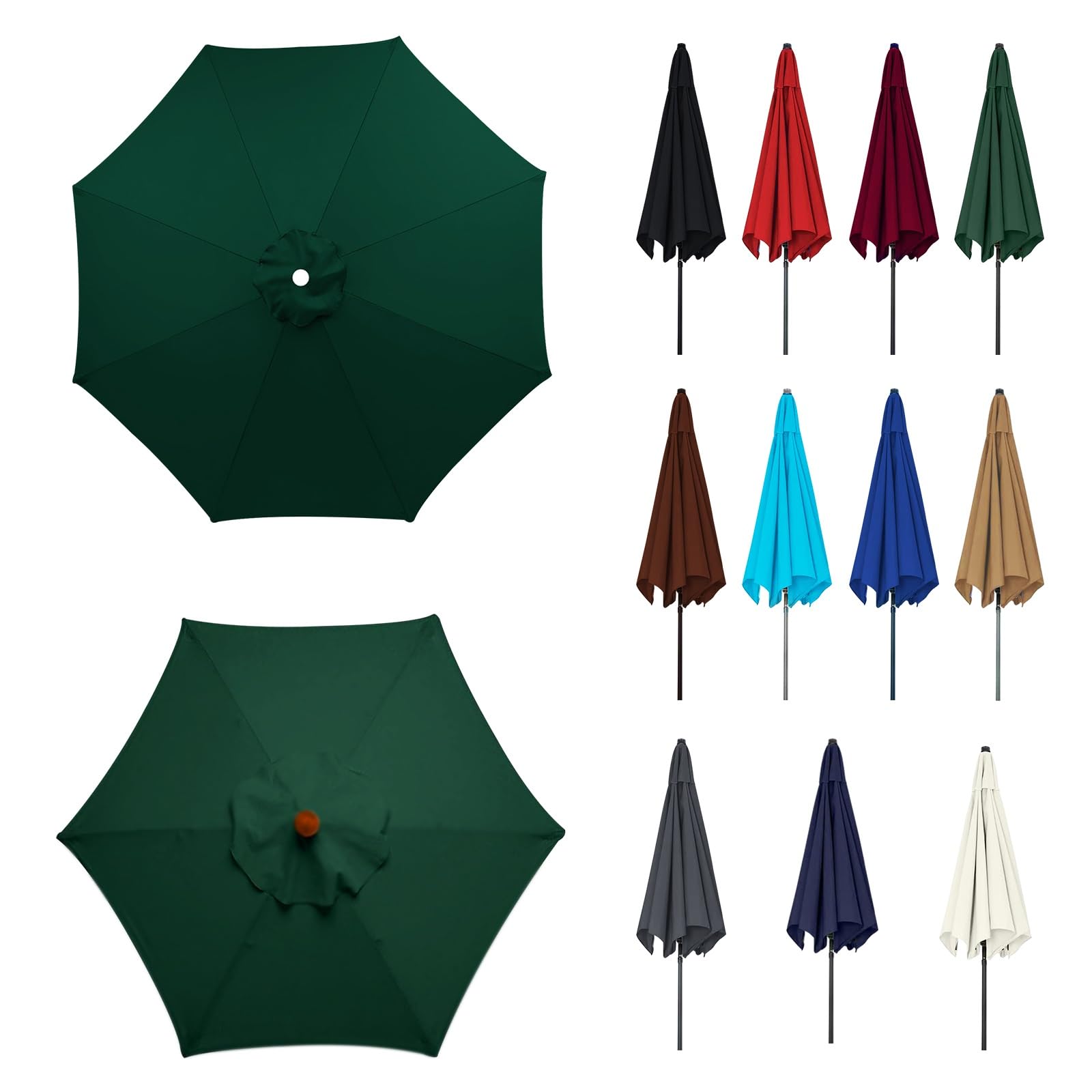 200/230/250/270/300cm Parasol Umbrella Replacement Cover, Umbrella Replacement Fabric, Large Table Umbrella Replacement Top Fit, Fade Resistant, for Patio, beach, swimming Pool(Dark green,6ribs:3.0m/9