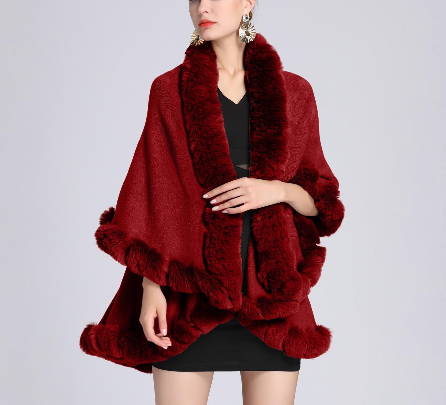 Damen Winter Umhang Mantel Elegant Kunstpelzkragen Warm Poncho Cape Komfortabel Schal Plüsch Strickjacke