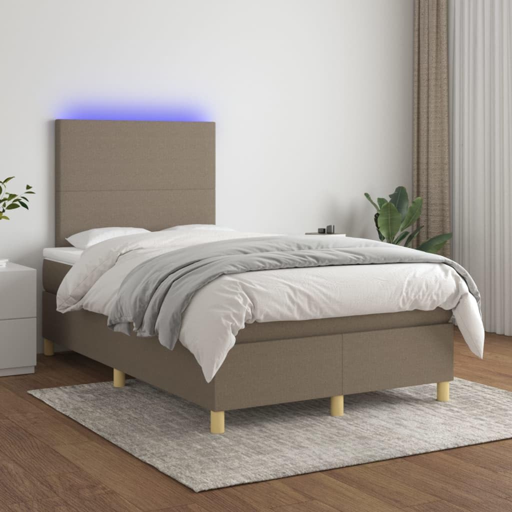 Tkanina z regulowanym zagłówkiem LED 120x200 cm Taupe | Łóżko kontynentalne z materacem taupe 120x200 cm tkanina LED sprężynowe z zagłówkiem regulowanym