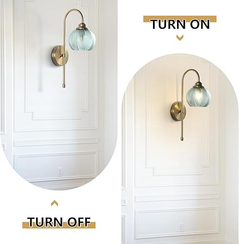 Miniatura 3 de KCO Lighting - Lámpara de pared de cristal verde vintage con brazo de latón cepillado, aplique de globo grande, acabado dorado, lámparas de pared