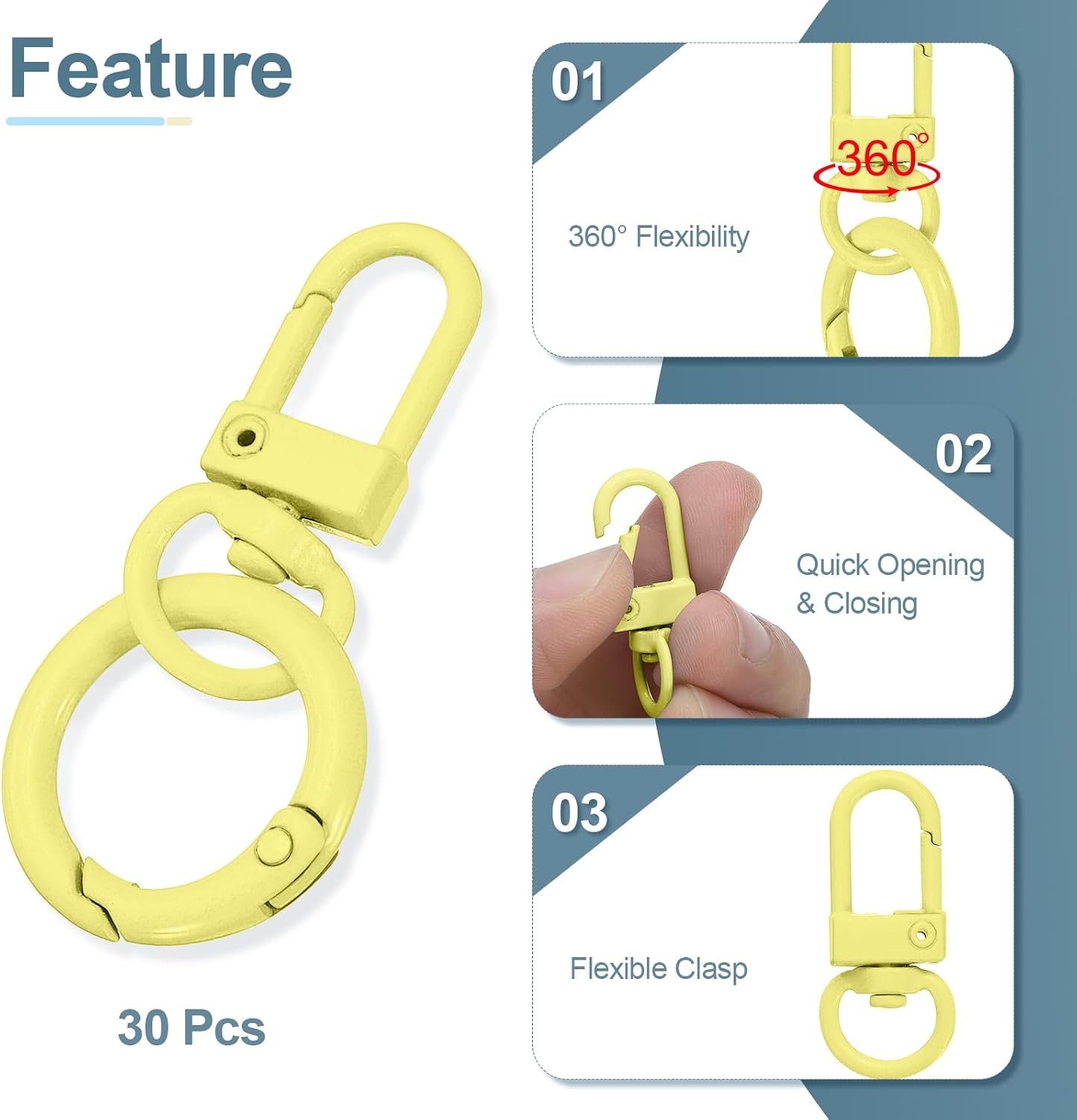 HARFINGTON 30pcs Lobster Claw Clasp Keychains Swivel Trigger Clips Zinc Alloys Colorful Keychain Clip Snap Hook Jump Flat Split Rings for DIY Craft Jewelry Making Car Keys, Light Yellow image 3