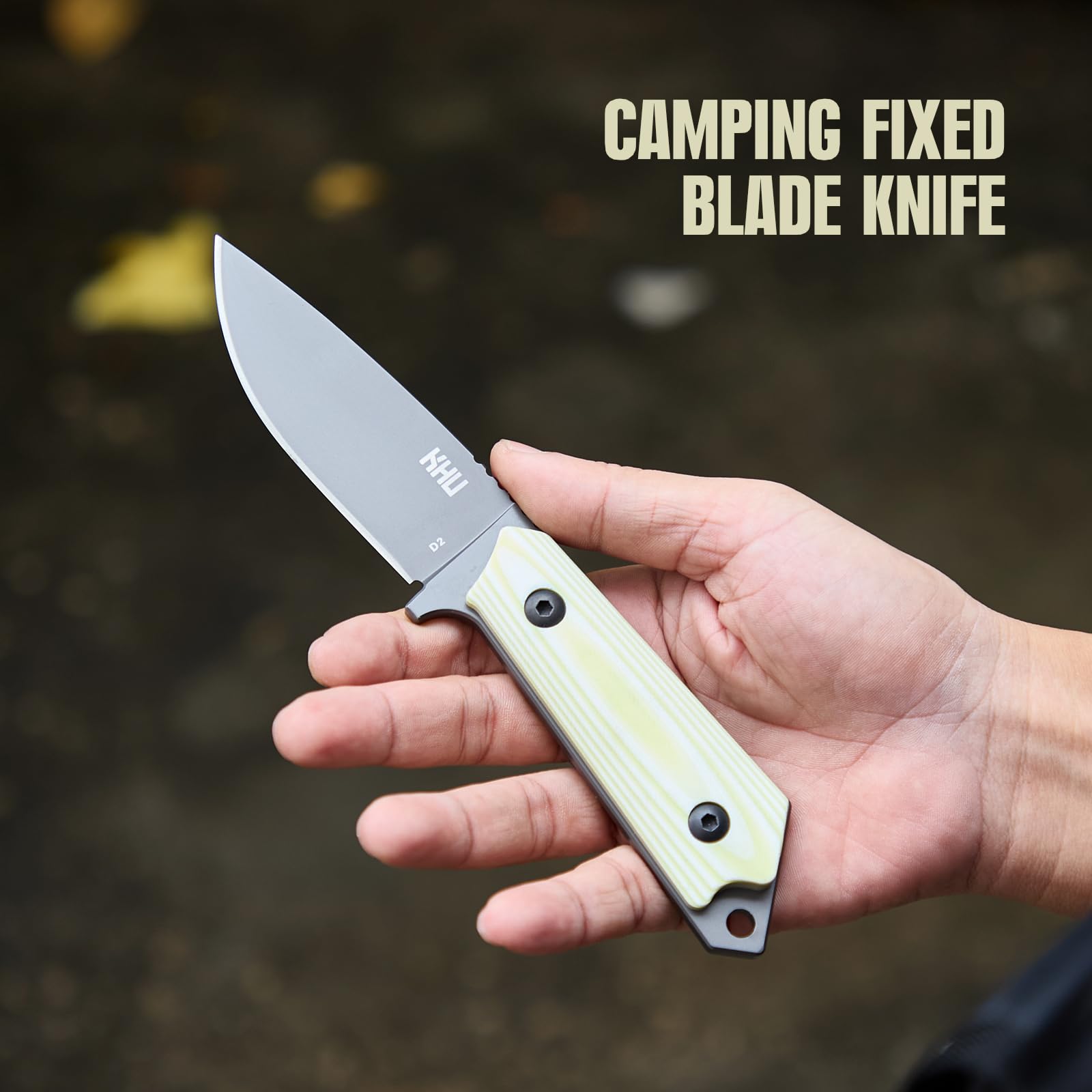 KHU Cuchillo Hoja Fija, Cuchillo Supervivencia Cuchillo Caza Cuchillo Bushcraft D2 Acero Mango de G10, Outdoor Caza Camping Accesorios - Funda Kydex - 29A